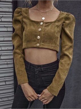 Zara Olive Brown Corduroy Cropped Button-Front Puff Sleeve Top